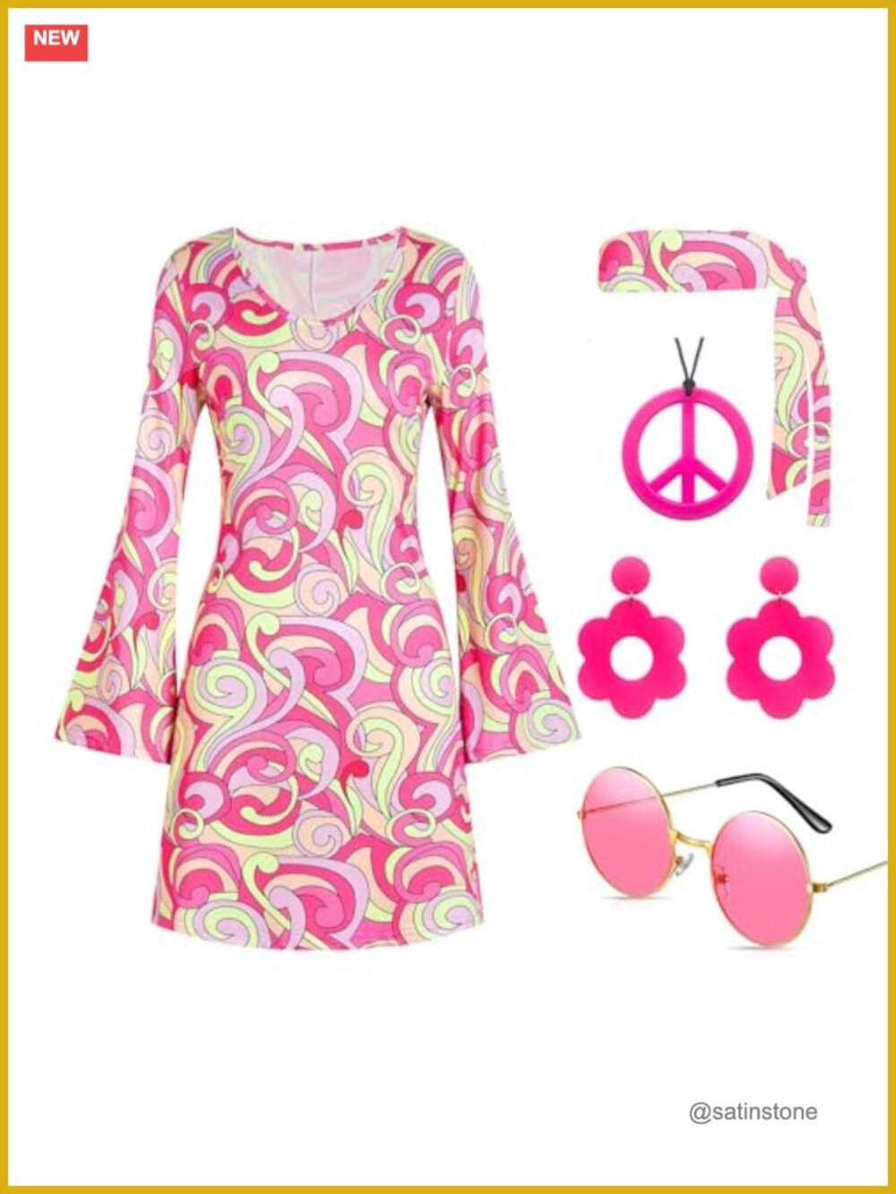 60s 70s Disco Costume Dress 5 Piece Hippie Outfit Polyester Spandex - Picture 1 of 6